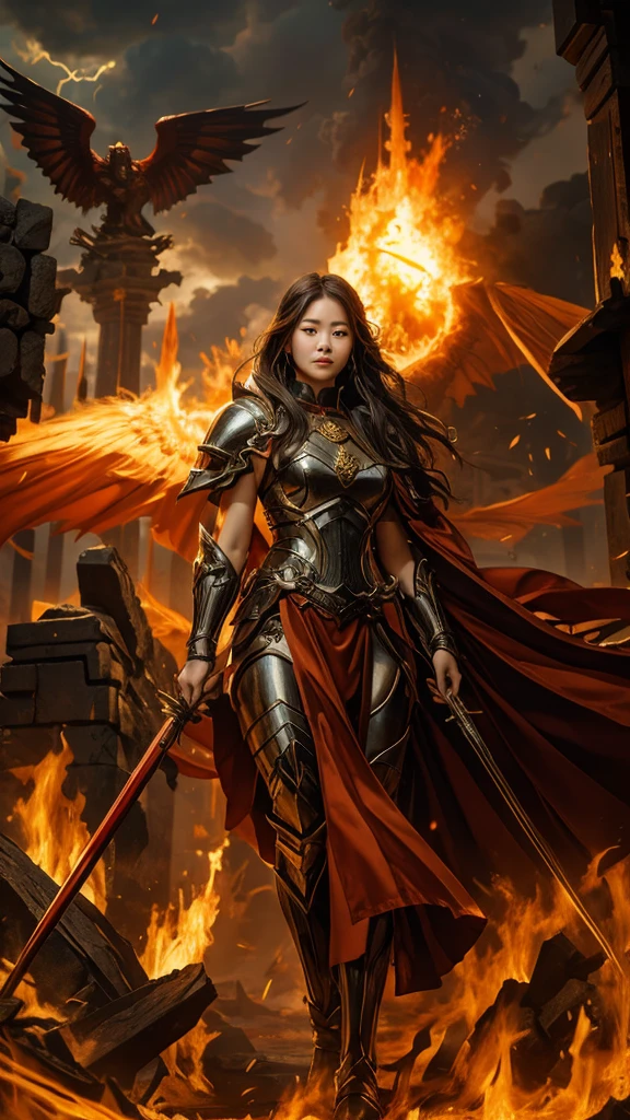 a masterpiece of mythology, a 26 year old Korean girl wearing a black warrior outfit complete with armor tightening her arms standing holding a large bow emitting huge lightning, a large Garuda bird with bright red eyes with red eyes emitting fire in its mouth looking angry, old Shaolin temple building behind the big explosion emitting big dirty smoke, , girl hiding from the big explosion, dragon, destruction, thick smoke, big fire, red blood, facing the camera