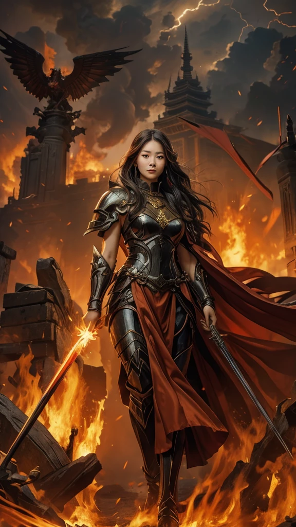 a masterpiece of mythology, a 26 year old Korean girl wearing a black warrior outfit complete with armor tightening her arms standing holding a large bow emitting huge lightning, a large Garuda bird with bright red eyes with red eyes emitting fire in its mouth looking angry, old Shaolin temple building behind the big explosion emitting big dirty smoke, , girl hiding from the big explosion, dragon, destruction, thick smoke, big fire, red blood, facing the camera
