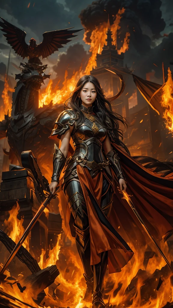 a masterpiece of mythology, a 26 year old Korean girl wearing a black warrior outfit complete with armor tightening her arms standing holding a large bow emitting huge lightning, a large Garuda bird with bright red eyes with red eyes emitting fire in its mouth looking angry, old Shaolin temple building behind the big explosion emitting big dirty smoke, , girl hiding from the big explosion, dragon, destruction, thick smoke, big fire, red blood, facing the camera