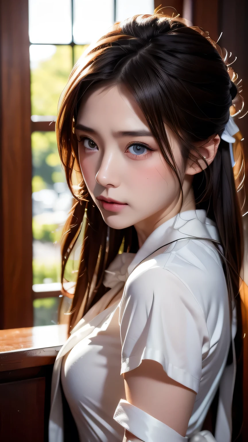 8k Portrait of a beautiful black-haired cyborg、complex、elegant、Very detailed、Majestic、Digital photography、Art by artgerm, Ruan Jia and Greg Rutkowski、Surreal painting、(White shirt and ribbon tie、Black semi-tight skirt)、Front slit、Inside the cafe、(masterpiece、Side light、Beautiful eyes in every detail: 1.2) )、Hmph、masterpiece, 最high quality, high quality, High resolution, (Portrait)、Red ribbon in hair