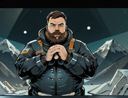 Bearded astronaut, plump, chubby, extremely thick thighs, large belly, fat, using a dummy for observation, He holds the binoculars with both hands close to His Face, icy mountains, snowy place, the Astronaut using binoculars to observe( frontal image) Holding a pair of binoculars. dynamic photography.