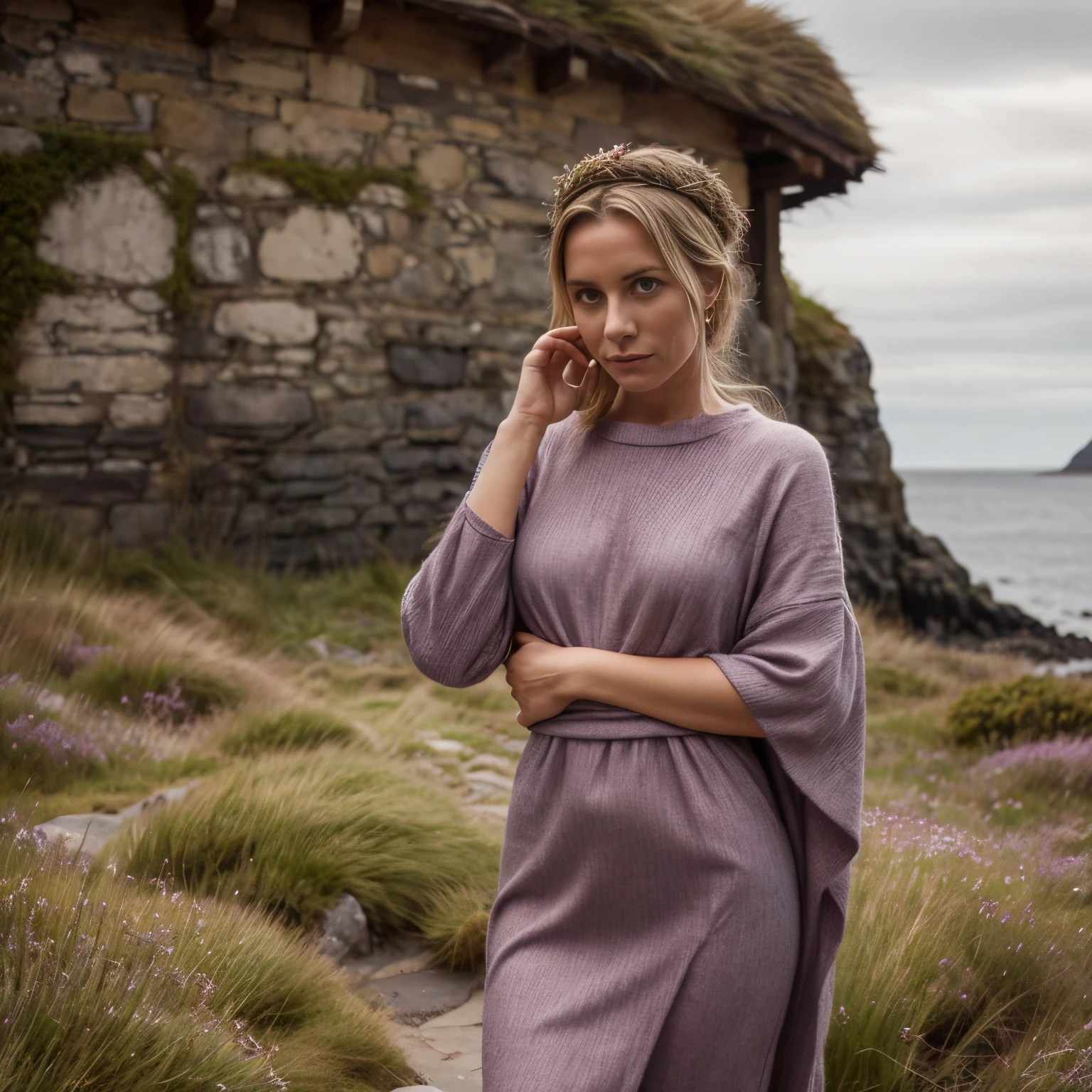 September - Outer Hebrides, Scotland
A woman named LaGermania poses for a chic calendar photoshoot on a remote island in the Outer Hebrides, Scotland during September. She stands amidst windswept moors and rugged coastlines, with ancient stone circles and pebble beaches stretching to the horizon. LaGermania wears a traditional Harris Tweed gown in hues of heather purple and seafoam green, its hand-woven wool and tartan patterns reflecting the cultural heritage of Scotland's Outer Hebrides. The Harris Tweed gown's tailored silhouette and rustic textures create a look that resonates with the rugged beauty of the Scottish islands. Her hair, styled in a braided crown adorned with thistles, adds a touch of Highland elegance to her ensemble. LaGermania's pose is contemplative yet resilient, one hand lightly resting on a weathered standing stone while the other holds a woven wicker basket filled with wild heather, its purple blooms contrasting with the verdant landscape. The scene captures the untamed beauty of the Outer Hebrides' remote islands and the enduring spirit of Celtic traditions, where each detail—from the Harris Tweed gown to LaGermania's serene expression—invites viewers to embrace the mystique of Scotland's island sanctuaries.