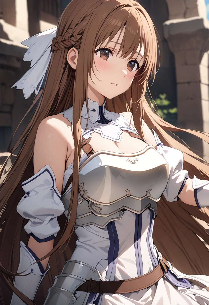 ((masterpiece)), Highest quality, Super detailed,(One girl), Long Hair,Beautiful background ,((asuna yuuki, long hair, bangs, brown hair, brown eyes, very long hair, braid, dress, bare shoulders, detached sleeves, white dress, armor, breastplate, white armor,)), chest, Curved body, Lie in,