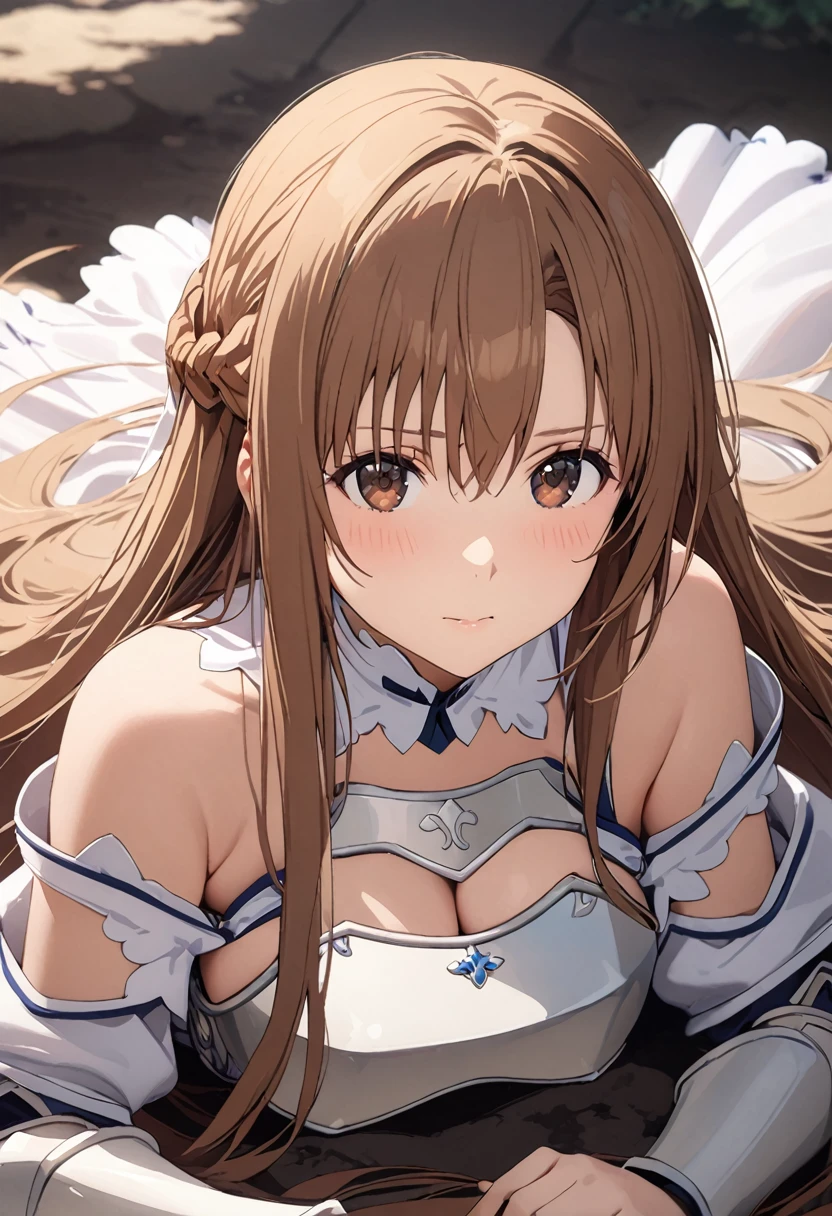 ((masterpiece)), Highest quality, Super detailed,(One girl), Long Hair,Beautiful background ,((asuna yuuki, long hair, bangs, brown hair, brown eyes, very long hair, braid, dress, bare shoulders, detached sleeves, white dress, armor, breastplate, white armor,)), chest, Curved body, Lie in,