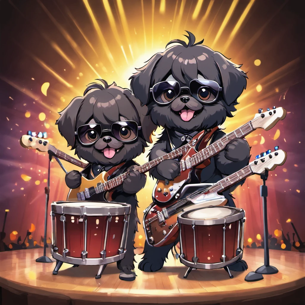 Two Adorable small happy black Shih Tzu puppies playing guitar playing drums on a concert stage wearing sun glasses Pixar style cartoon 3D music notes in background
