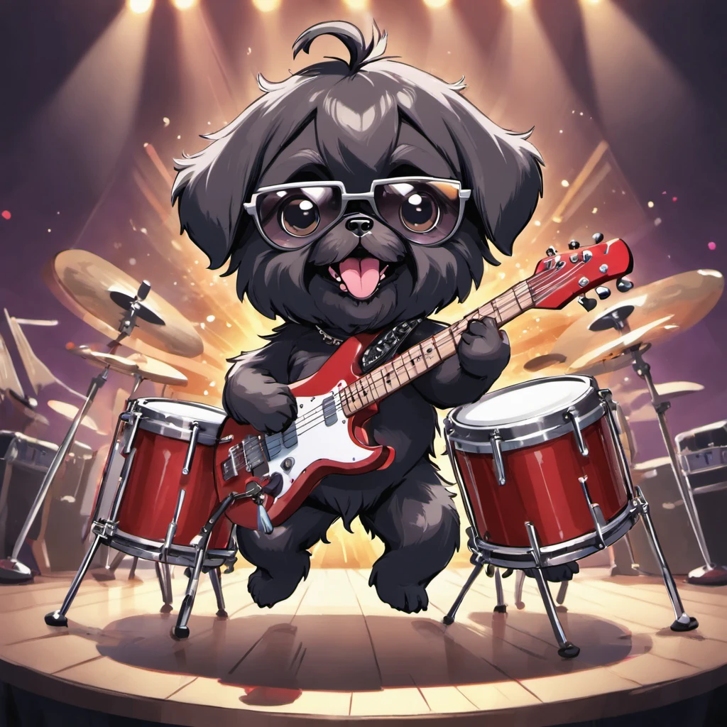 Two Adorable small happy black Shih Tzu puppies playing guitar playing drums on a concert stage wearing sun glasses Pixar style cartoon 3D music notes in background
