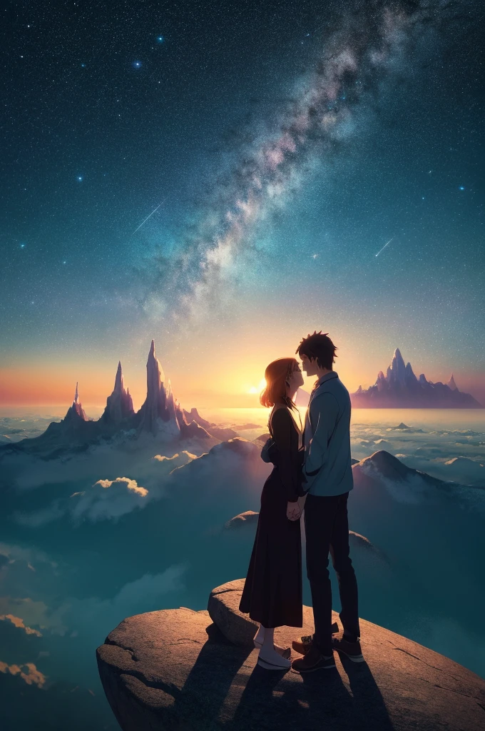 anime scenery of a woman and man standing on a rock looking at the sky, cosmic skies. by makoto shinkai, makoto shinkai cyril rolando, beautiful anime scene, anime sky, anime art wallpaper 4 k, anime art wallpaper 4k, anime art wallpaper 8 k, anime beautiful peace scene, in style of makoto shinkai, 4k anime wallpaper