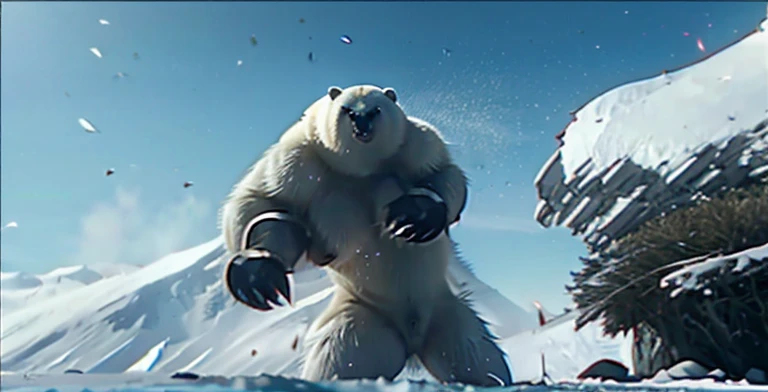 Bear attacks woman with a kick in the face , Female astronaut gets attacked in the face by polar bear , A frontal image of the moment of a polar bear attack on Expectador . The polar bear attacks the spectator with his binges, the bear is furious . Animal rage rage 