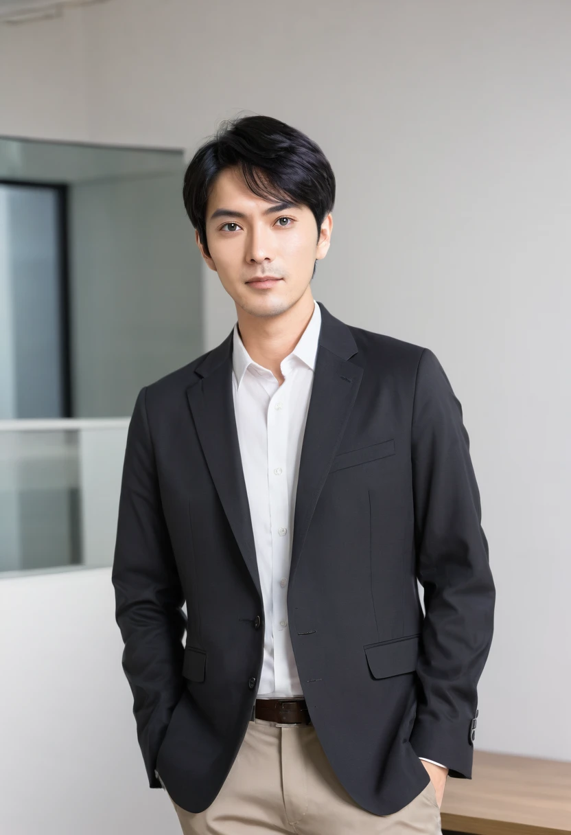 Japanese male Average face Narrow eyes Short black hair Office casual attire