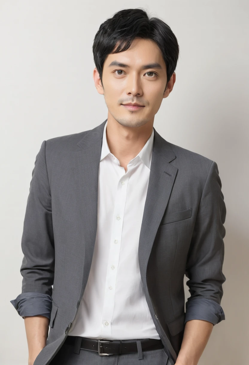 Japanese male Average face Narrow eyes Short black hair Office casual attire