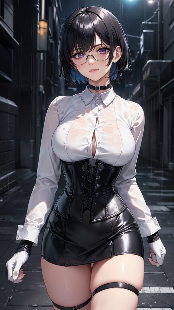 Masterpiece, Best Quality, (perfect anatomy,realist:1.3, front view, facial focus,(without looking at the viewer:1.2), (1 girl in:1), 1 woman, (big breasts:1.2), sexy body, thin waist, Attractive front curves, round and soft chest, disgusted face, (black fur:1.6, short hair), evening, Heavy Rain, exterior, City, crop top, he wears transparent glasses, choker 1:6, (White long sleeve collar shirt:1.4), (corset black leather), black gloves covering hands, (shiny black tight mini skirt), blood stains, Dark alley, blood splattered on the floor, bright red light, bright Eyes, depth of field, night sky, Atmosphere, perfect hands