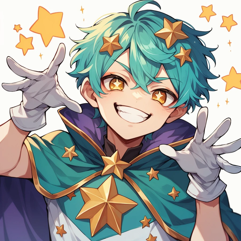 1boy, teenager, light skin, short turquoise hair, yellow eyes, star-shaped pupils, smile, smug pose, white background, colorful and extravagant clothing, cape, white gloves, makeup, anime style, digital art, cute