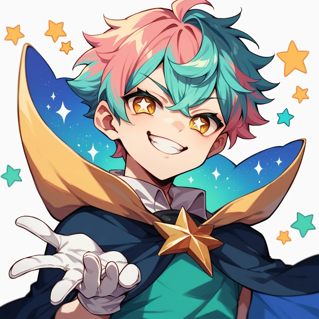 1boy, teenager, light skin, short turquoise hair, yellow eyes, star-shaped pupils, smile, smug pose, white background, colorful and extravagant clothing, cape, white gloves, makeup, anime style, digital art, cute
