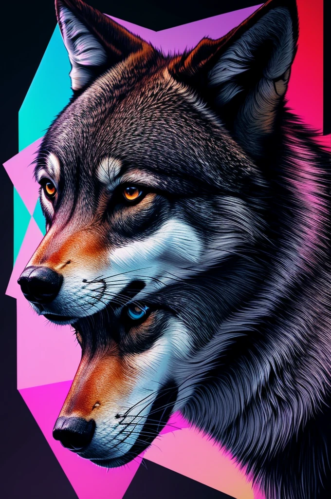 Make a geometric wolf image that has bold colors and a black background