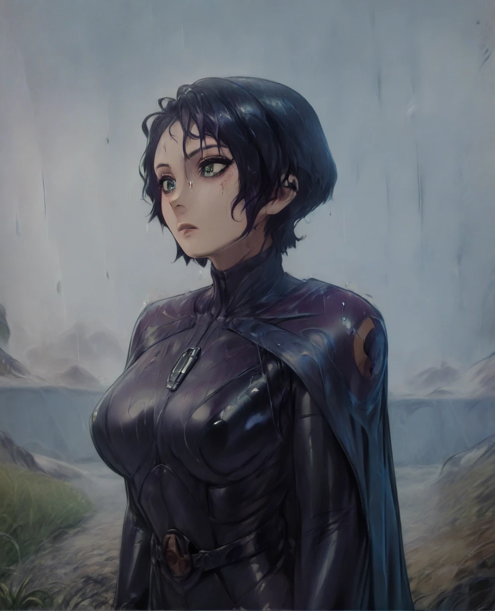 score_9,score_8_up,score_7_up,score_6_up, Trilla,green eyes,black hair, upper body, wet, armor,gloves,black bodysuit,black cape,belt,rain, science fiction,sith base, star wars, outdoors, rain, solo,fflixbag
wearing armor
sabine wren

