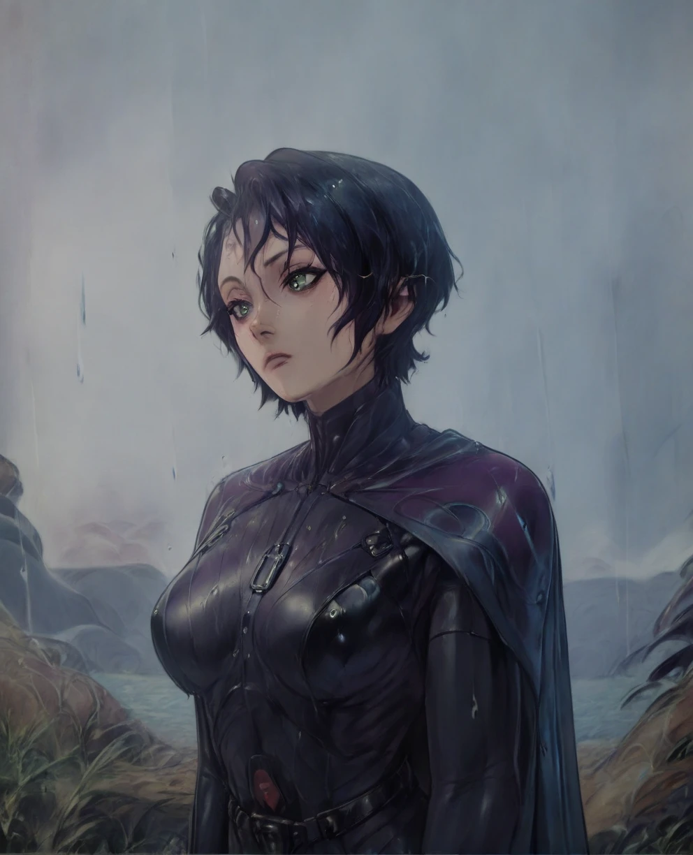 score_9,score_8_up,score_7_up,score_6_up, Trilla,green eyes,black hair, upper body, wet, armor,gloves,black bodysuit,black cape,belt,rain, science fiction,sith base, star wars, outdoors, rain, solo,fflixbag
wearing armor
sabine wren