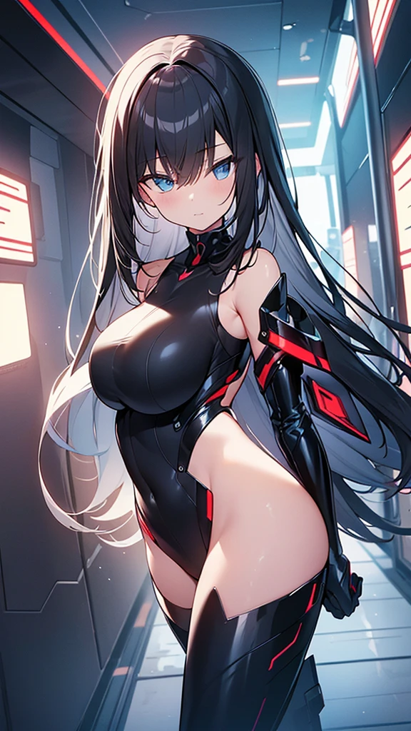(Highly detailed CG Unity 8k wallpaper,masterpiece, Biological, whole body),(Best lighting, Best Shadow, Very delicate and beautiful),(One girl),blue eyes, , Black Hair,Red and black off-the-shoulder SF bodysuit,Neck Seal,High-tech sci-fi corridor, Dynamic pose, Detailed Machinery, Sleek design., {{An extraterrestrial lifeform preys on girls and takes their place、Her breasts are than a real girl's}}, Unknown sensation, Feels good, Vigorous movement, more, instinct, Female fall, Bouncing chest, loose, loose, He hides the bones of the girls he preys on in his locker., NSFW
