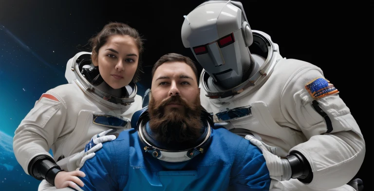 (((Bearded, chubby astronaut with extremely thick thighs is kneeling with his hand on his chest feeling a lot of pain))), icy mountains snowy place, the Astronaut using binoculars to observe( frontal image) Holding a pair of binoculars. dynamic photography.oogando down, fainting from pain, (((in front of the astronaut there are 2 robots on the left and right side they have a right hand Pointed at the Expectant Protecting the astronaut))) , he wears full space astronaut uniform.