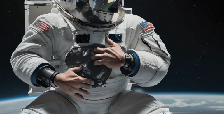 (((Bearded, chubby astronaut with extremely thick thighs is kneeling with his hand on his chest feeling a lot of pain))), icy mountains snowy place, the Astronaut using binoculars to observe( frontal image) Holding a pair of binoculars. dynamic photography.oogando down, fainting from pain, (((in front of the astronaut there are 2 robots on the left and right side they have a right hand Pointed at the Expectant Protecting the astronaut))) , he wears full space astronaut uniform.