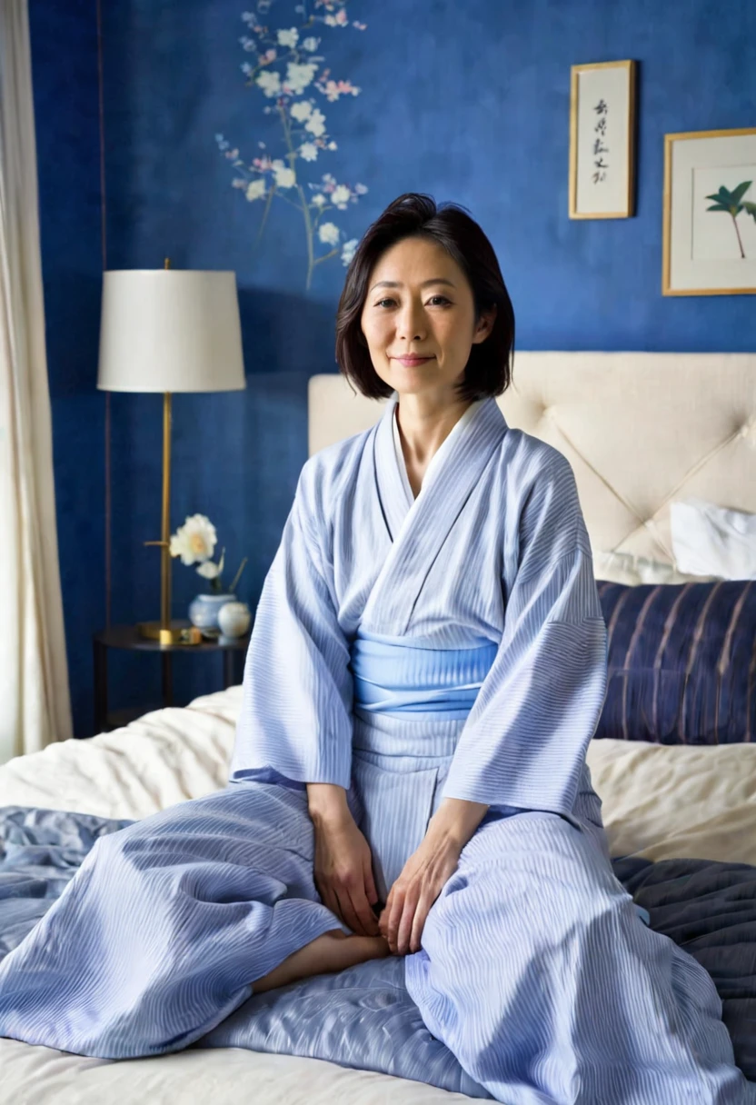 Create a 40-year-old Japanese woman, sitting on the bed, in a blue room 