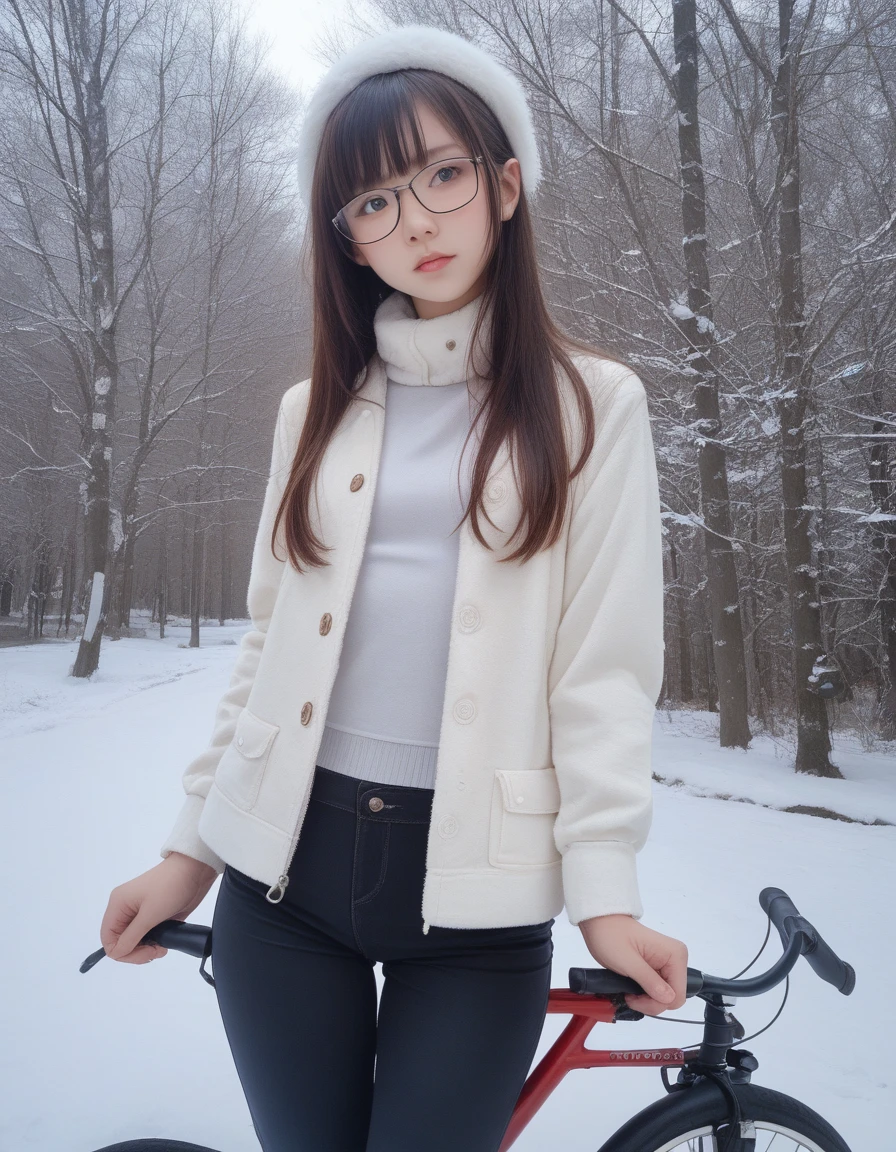 score_9, score_8_up, score_7_up, score_6_up, score_anime, realistic, real, photorealistic, 1 female. Bangs hairstyle, face. winter clothing, beautiful small breasts, Thick-rimmed glasses. (detailed black rim glasses). 22-years-old beautiful female. pants. winter costume. Put the hand on the bicycle handle. beautiful hands. early summer background.