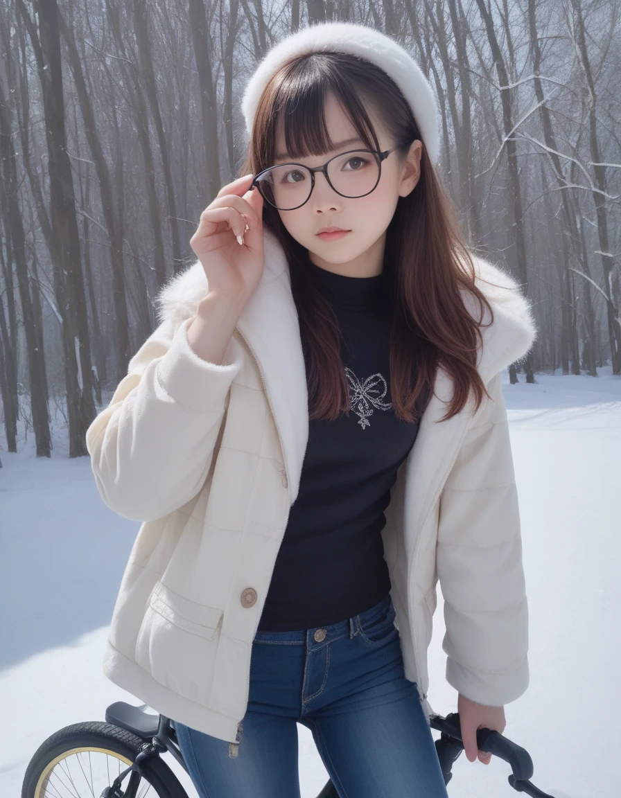 score_9, score_8_up, score_7_up, score_6_up, score_anime, realistic, real, photorealistic, 1 female. Bangs hairstyle, face. winter clothing, beautiful small breasts, Thick-rimmed glasses. (detailed black rim glasses). 22-years-old beautiful female. pants. winter costume. Put the hand on the bicycle handle. beautiful hands. early summer background.