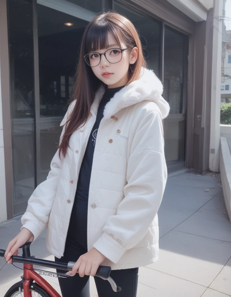score_9, score_8_up, score_7_up, score_6_up, score_anime, realistic, real, photorealistic, 1 female. Bangs hairstyle, face. winter clothing, beautiful small breasts, Thick-rimmed glasses. (detailed black rim glasses). 22-years-old beautiful female. pants. winter costume. Put the hand on the bicycle handle. beautiful hands. early summer background.