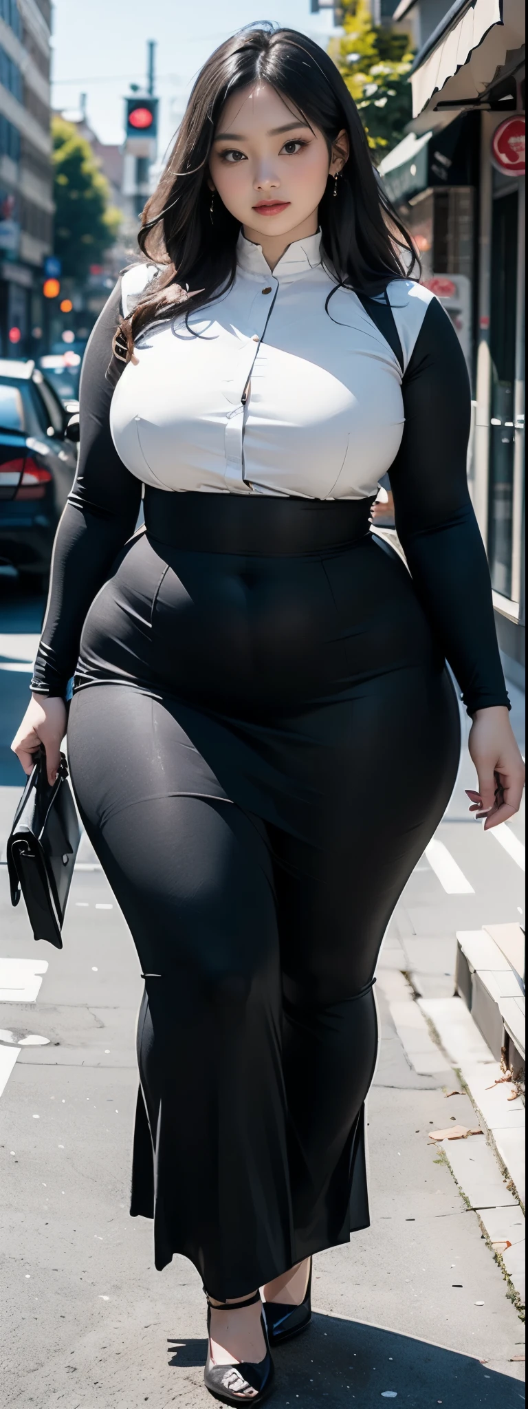 ((best quality)), ((masterpiece)), (detailed), malay woman, perfect face, araffe woman in a dark-red gamis walking down a street, thicc, she has a jiggly fat round belly, bbwchan, wearing tight simple clothes, skinny waist and thick hips, widest hips, her belly is fat and round, soft curvy shape, hyperrealistic full figure, wearing gamis , wide hips
