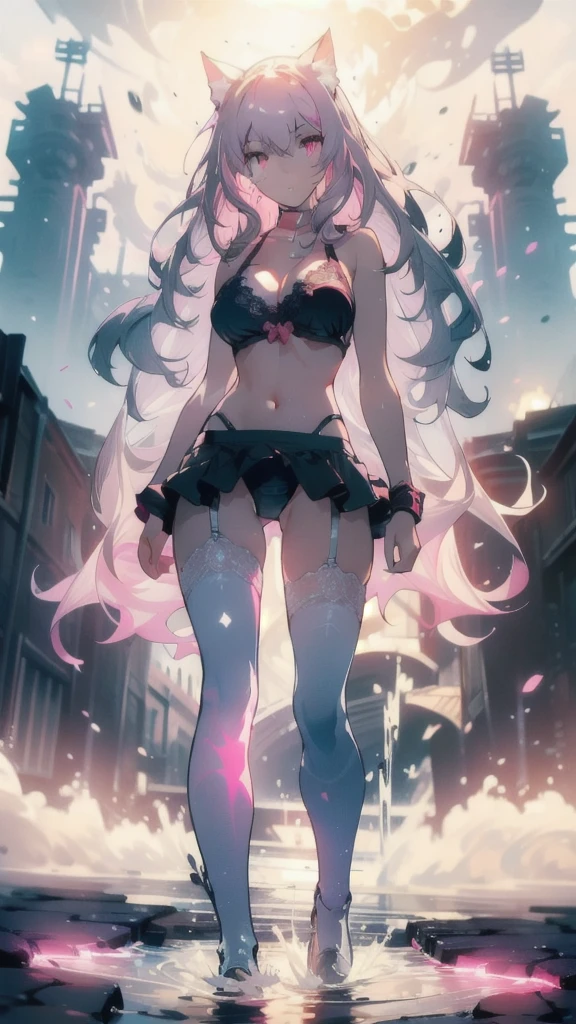 ((masterpiece, best quality)), Epic battlefield atmosphere,Delicate face,Cat girl,Plush,whole body,Standing picture,glowing pink eyes,Large Breasts,Gradient white long wavy hair,Perfect body proportions,Pure white background,Water Ripples,Lace,Sex bikini