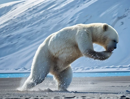 Bear attacks woman with a kick in the face , Female astronaut gets attacked in the face by polar bear , A frontal image of the moment of a polar bear attack on Expectador . The polar bear attacks the spectator with his binges, the bear is furious . Animal rage rage 