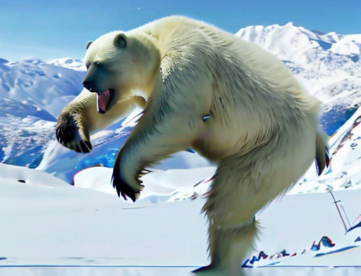 Bear attacks woman with a kick in the face , Female astronaut gets attacked in the face by polar bear , A frontal image of the moment of a polar bear attack on Expectador . The polar bear attacks the spectator with his binges, the bear is furious . Animal rage rage 