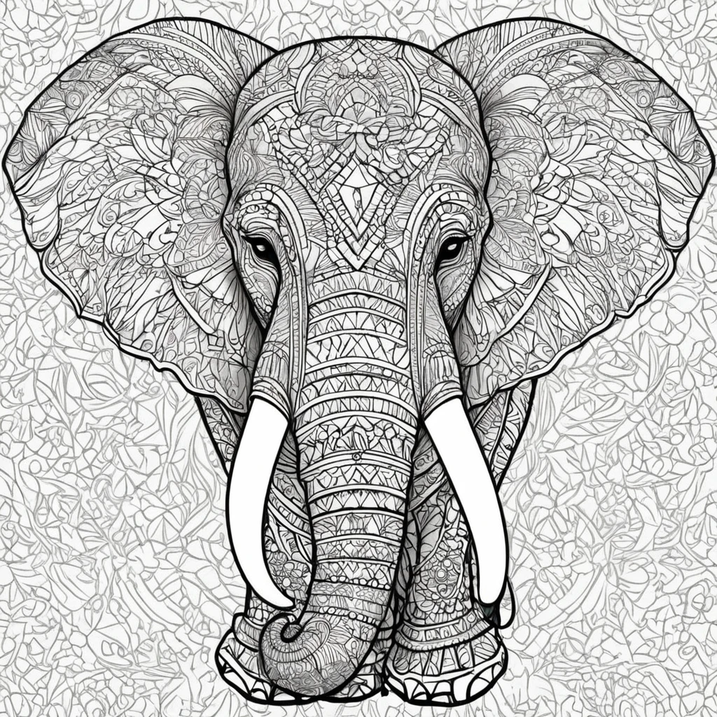 Coloring pages for adultandala pattern[elephant]Head、In this style, thick lines。No outer frame。No background。Face only