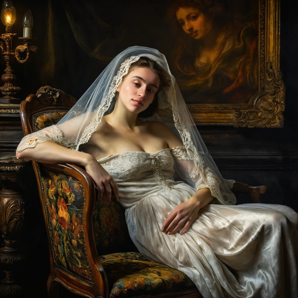 naked woman with a veil covering her face lying on an antique armchair, exhibitionism, masterpiece, 16th century painting, baroque style, Renaissance painting, lights and colors in the style of Rembrandt, dark backgrounds, old painting effect, all the details