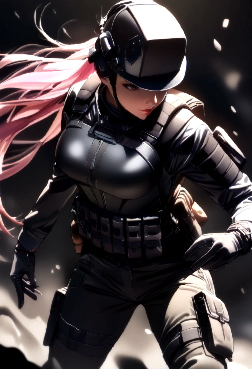 style of metal gear solid, (detailed intricate full cover tactical helmet:1.3), (pink hair), cowboy shot, dynamic pose, 1girl, solo, ray tracing, (masterpiece), (best quality), (detailed), (detailed tactical gear:1.1), (body armor:1.1), combat pants, gloves, (intricate background:1.1),