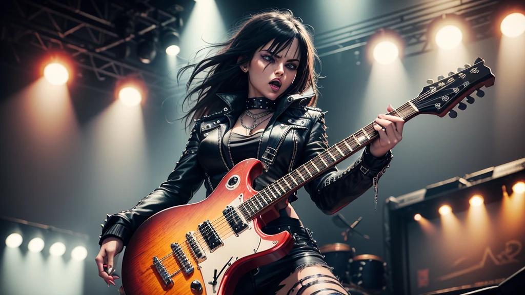 Heavy metal, biker chick with chains and spikes, ferocious expression, powerful female rock star, black leather, dressed in black leather jacket and torn jeans, dark eyeliner and black lipstick, heavy music, fierce woman, standing tall, epic guitar solo, guitar on fire, woman solo electric guitar, female guitarist of metal, woman playing the guitar, electric guitar made of metal, flames on stage, female rocker playing a concert,