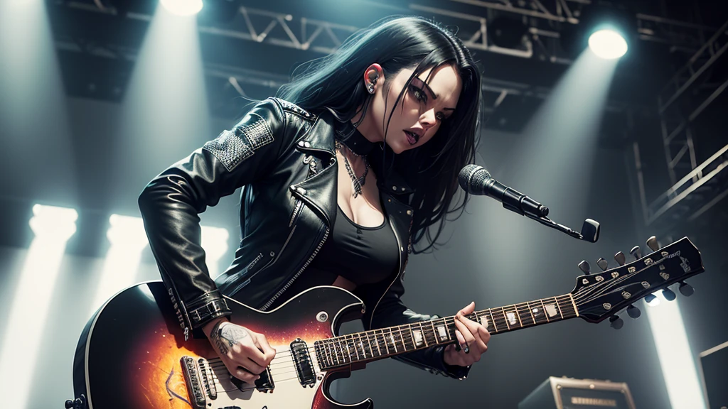 Heavy metal, biker chick with chains and spikes, ferocious expression, powerful female rock star, black leather, dressed in black leather jacket and torn jeans, dark eyeliner and black lipstick, heavy music, fierce woman, standing tall, epic guitar solo, guitar on fire, woman solo electric guitar, female guitarist of metal, woman playing the guitar, electric guitar made of metal, flames on stage, female rocker playing a concert,