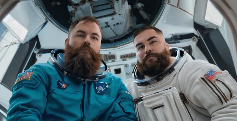 (((Bearded, chubby astronaut with extremely thick thighs is kneeling with his hand on his chest feeling a lot of pain))), icy mountains snowy place, the Astronaut using binoculars to observe( frontal image) Holding a pair of binoculars. dynamic photography.oogando down, fainting from pain, (((in front of the astronaut there are 2 robots on the left and right side they have a right hand Pointed at the Expectant Protecting the astronaut))) , he wears full space astronaut uniform.