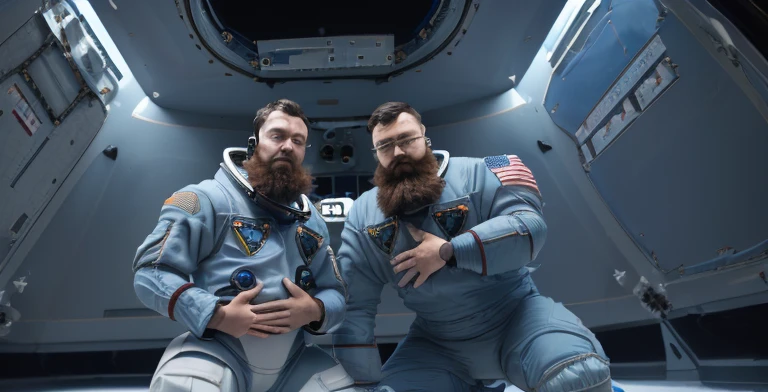 (((Bearded, chubby astronaut with extremely thick thighs is kneeling with his hand on his chest feeling a lot of pain))), icy mountains snowy place, the Astronaut using binoculars to observe( frontal image) Holding a pair of binoculars. dynamic photography.oogando down, fainting from pain, (((in front of the astronaut there are 2 robots on the left and right side they have a right hand Pointed at the Expectant Protecting the astronaut))) , he wears full space astronaut uniform.