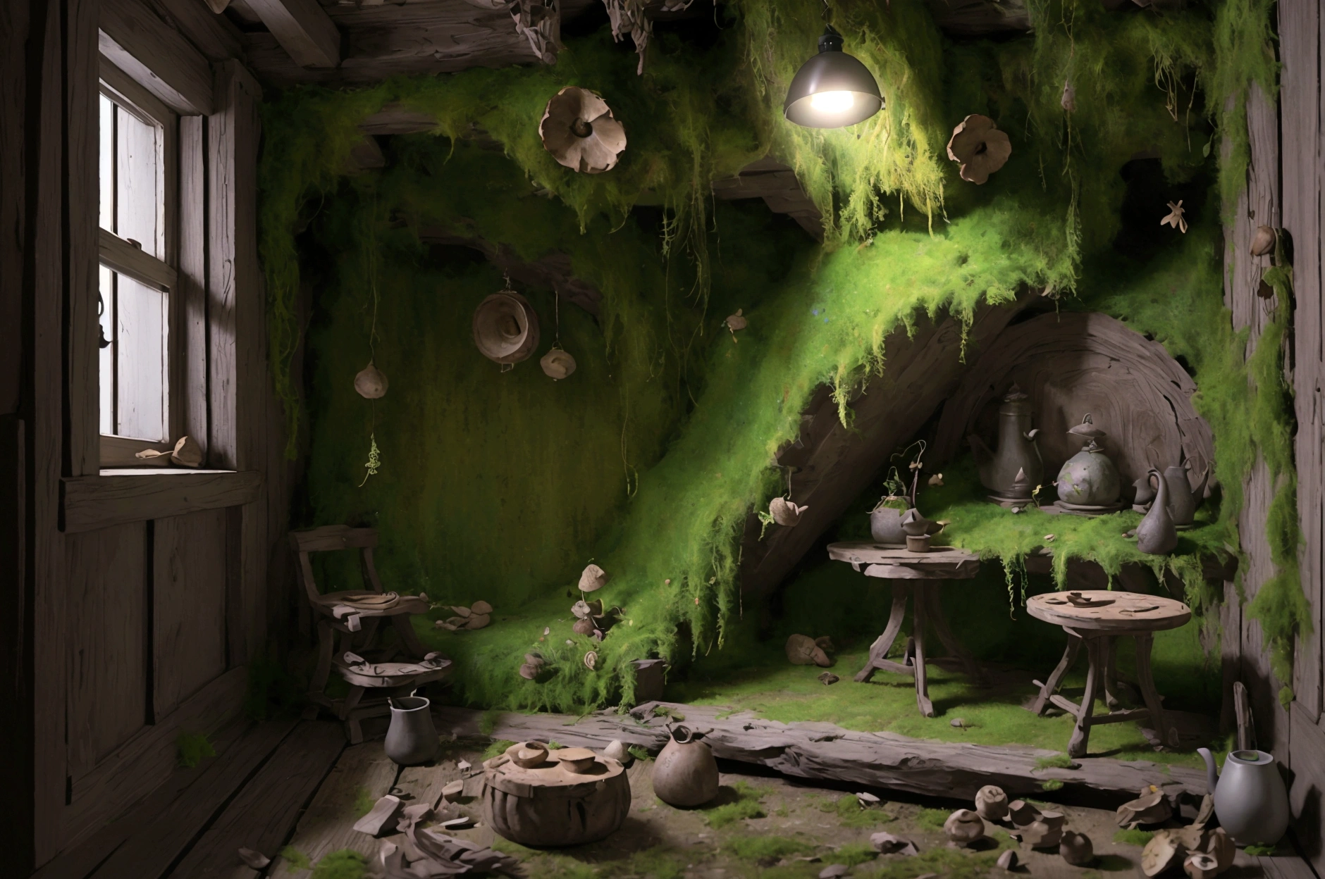 masterpiece, best quality, (Extremely detailed CG unity 8k wallpaper), (best quality), (Best Illustration Award), (The best shadow), Mossy mushroom house,firefly,Lights surround the room,petal, Isometric 3D, Octane Rendering,Ray Tracing,Extremely detailed,