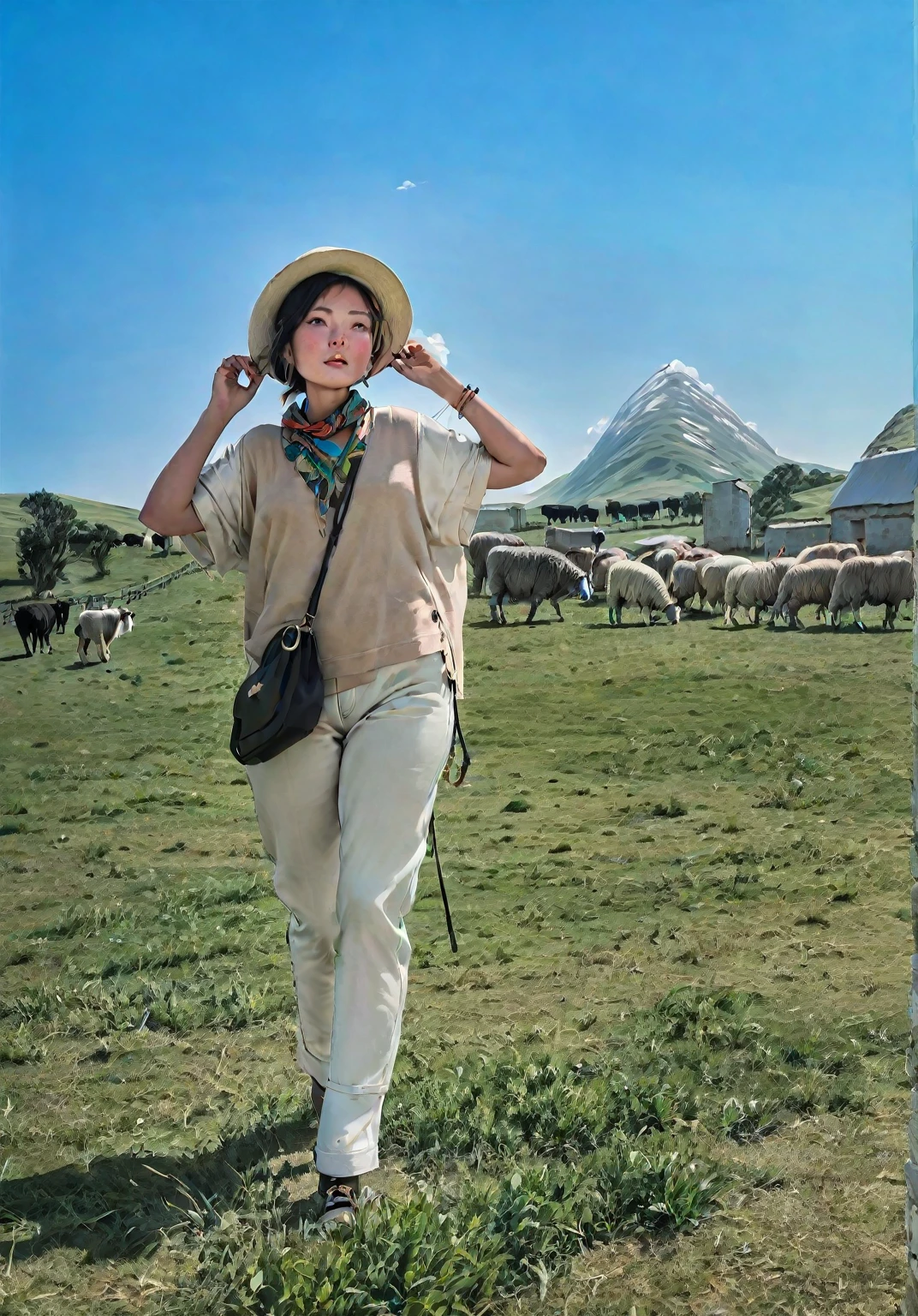 This is the endless Horqin grassland，Lush grassland，Blue sky and white clouds，Herds of cattle and sheep，Wearing a hat、woman in white pants standing in the grass, Wearing a travel hat,8K,Large wide-angle lens，International Photography Master Award-winning Works 