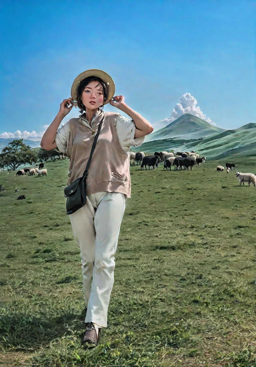 This is the endless Horqin grassland，Lush grassland，Blue sky and white clouds，Herds of cattle and sheep，Wearing a hat、woman in white pants standing in the grass, Wearing a travel hat,8K,Large wide-angle lens，International Photography Master Award-winning Works 