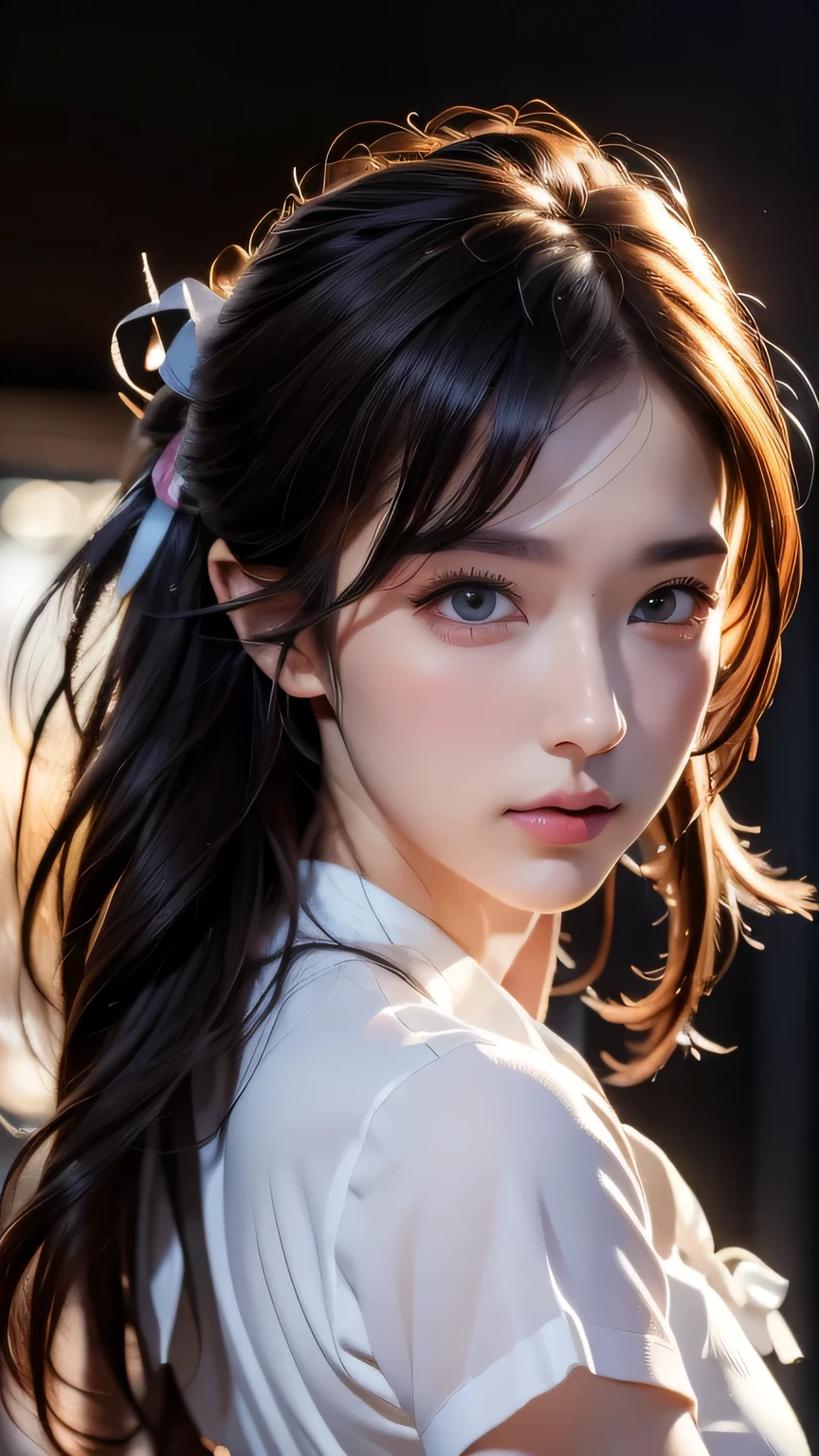 8k portrait of a beautiful dark-haired cyborg、Complex、elegant、Very detailed、Majestic、Digital photography、Art by artgerm, Ruan Jia and Greg Rutkowski、Surreal painting、(White shirt and ribbon tie、Black semi-tight skirt)、Front slit、Inside the cafe、(masterpiece、Side light、Beautiful eyes in every detail: 1.2) )、Hmph、masterpiece, 最high quality, high quality, High resolution, (Upper body portrait)