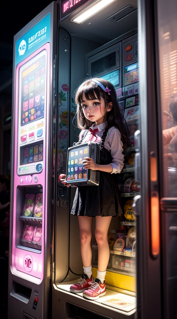 A young girl trapped inside a stuffed prize machine, with glass windows.