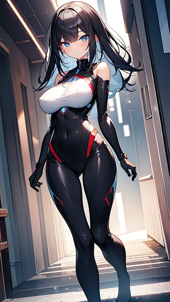 (Highly detailed CG Unity 8k wallpaper,masterpiece, Biological, whole body),(Best lighting, Best Shadow, Very delicate and beautiful),(One girl),blue eyes, Big Breasts, Black Hair,Red and black off-the-shoulder SF bodysuit,Neck Seal,High-tech sci-fi corridor, Dynamic pose, Detailed Machinery, Sleek design., {{An extraterrestrial lifeform preys on girls and takes their place、Her breasts are bigger than a real girl's}}, Unknown sensation, Feels good, Vigorous movement, more, instinct, Female fall, Bouncing chest, loose, loose, He hides the bones of the girls he preys on in his locker., NSFW