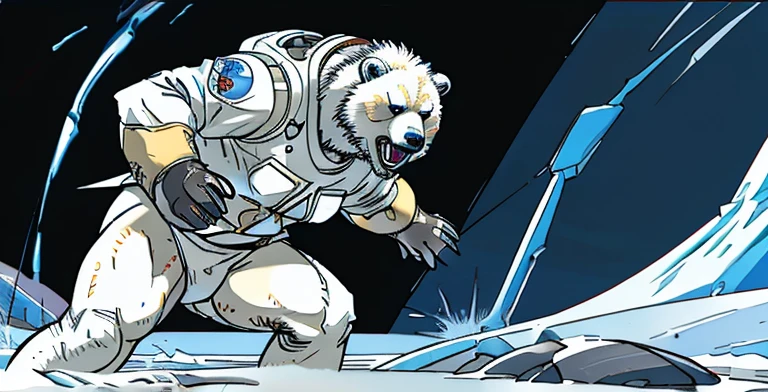 Bear attacks woman with a kick in the face , Female astronaut gets attacked in the face by polar bear , A frontal image of the moment of a polar bear attack on Expectador . The polar bear attacks the spectator with his binges, the bear is furious . Animal rage rage 