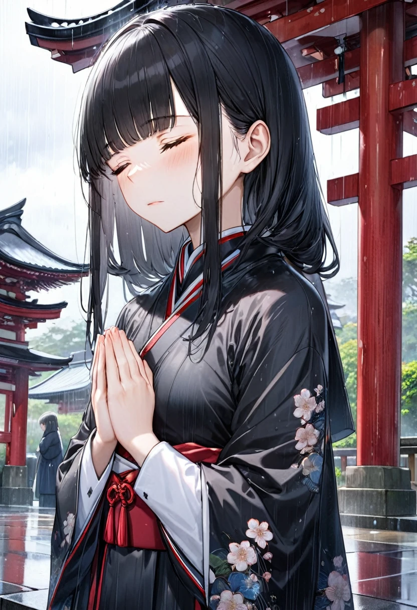 (Memorial ,style) (Pressing palms together in prayer) (in a lady Mourning Costume), break, (solo:2, 15 yo, blunt bangs:1.2 black hair long hair girl, sad closed eyes, tears of eyes), (praying to Grandmother), in the Dazaifu Tenmangu Shrine Memorial Tower, background rainy sky, BREAK, perfect anatomy, masterpiece, best quality, 16k, beautiful detailed rainy, daydreaming expression.