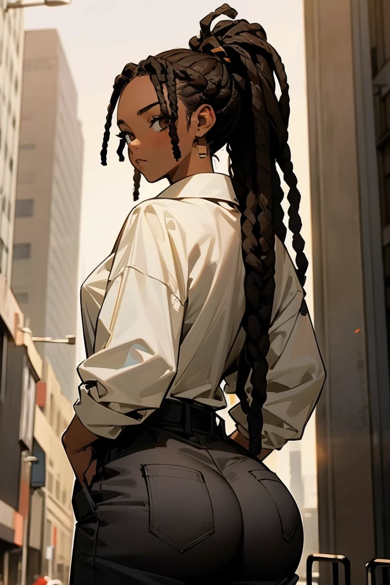 1female, huge ass, dark skin, dreadlocks, ponytail, expressionless, hazel eyes, brown hair, white shirt, baggy black pants, city background, detailed background, hands to side, sexy expression, back to the camera, displaying back, looking spectator