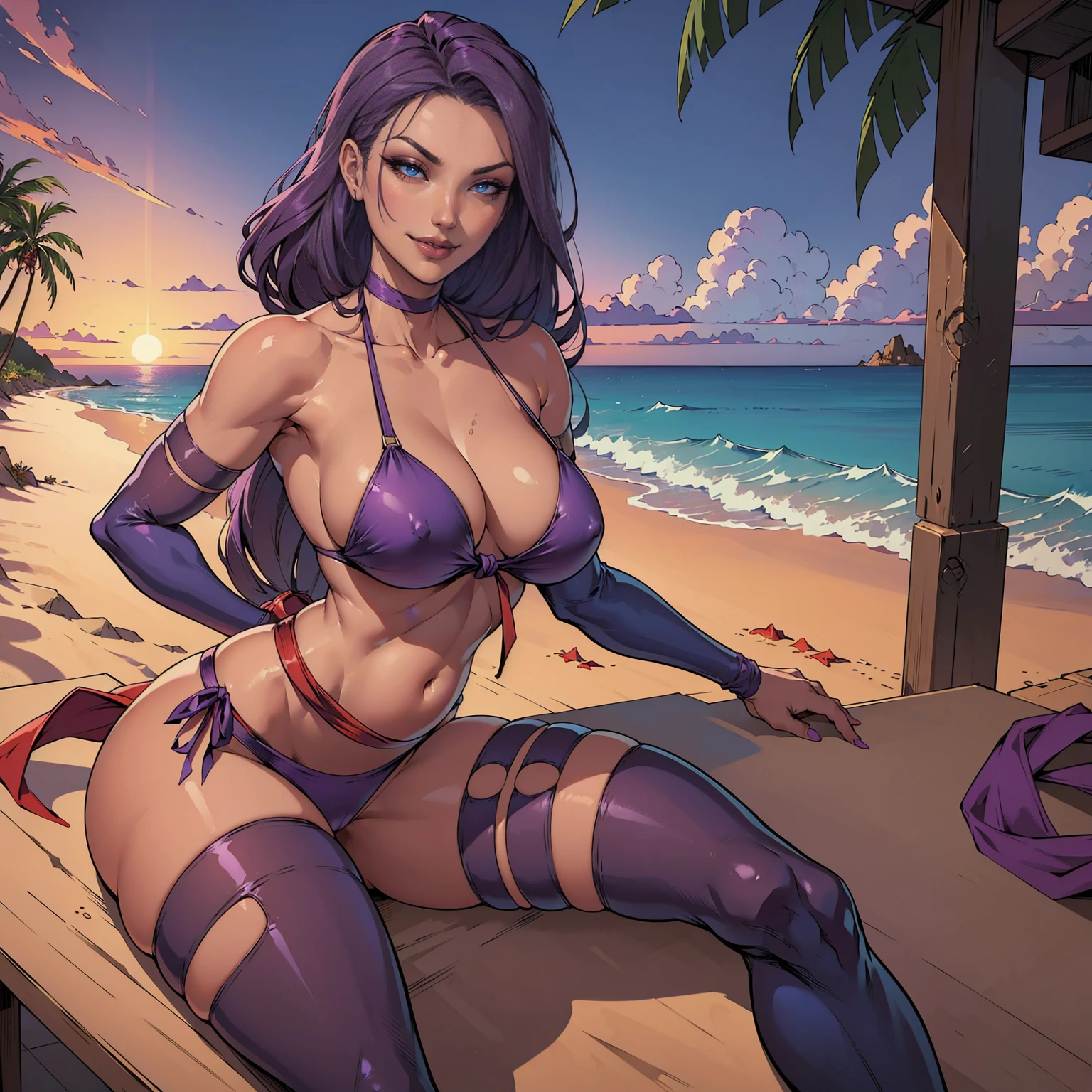 Psylocke_DG, ((long violet hair, glowing blue eyes, lipstick, makeup, narrow waist, skinny, medium breasts, alone)), pelvic curtain, ((purple bikini, Red sash tied around belly)), full body, perfect body, (insanely detailed, beautiful detailed face, masterpiece, best quality) , (((solo))), (((1girl))), (((mature))), (extremely detailed 8k paper CG wall unit: 1.1), (beach, sand, ocean dusk), (smile face for the viewer), sitting Beach sarong