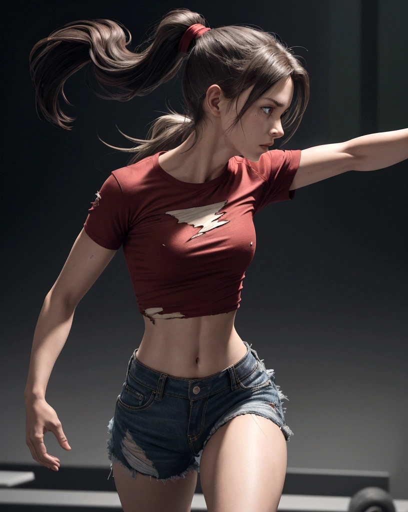 (masterpiece)(accurate)(perfect anatomy) photo realistic, 1girl, running stance, red crop top, tattered shirt (torn shirt 1.8), upper torso, cinematic motion, serious expression, ponytail, very long hair, (motion blur 1.2) super detailed, twenty degrees side view, perfect eyes, unreal engine, epic realism, 8k, dramatic lightning, motion blur background