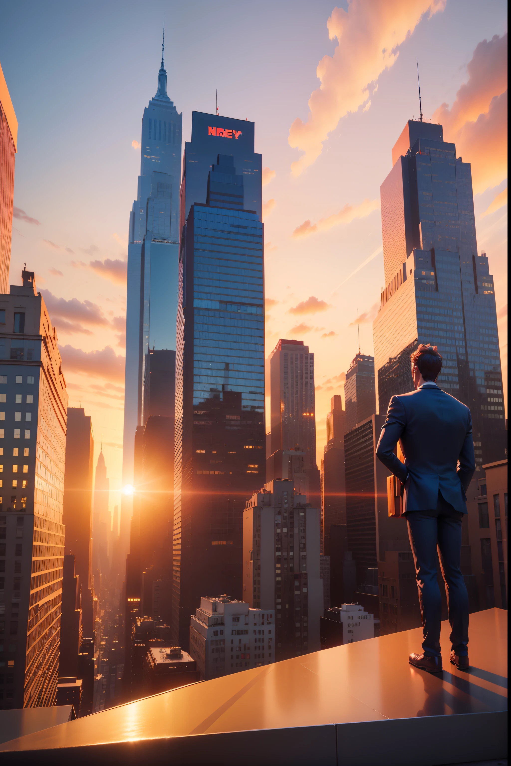 banner for youtube, 3D animated movie, Pixar Style, curious businessman, Sunset background in New York City, yellow/blue color palette